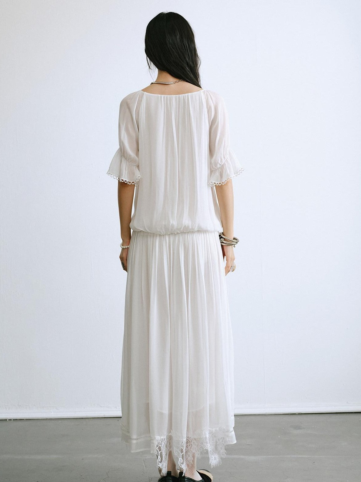 ENDO PER SE Bohemian Lace Cinched Waist Puff Sleeves Women's Casual Maxi Dresses
