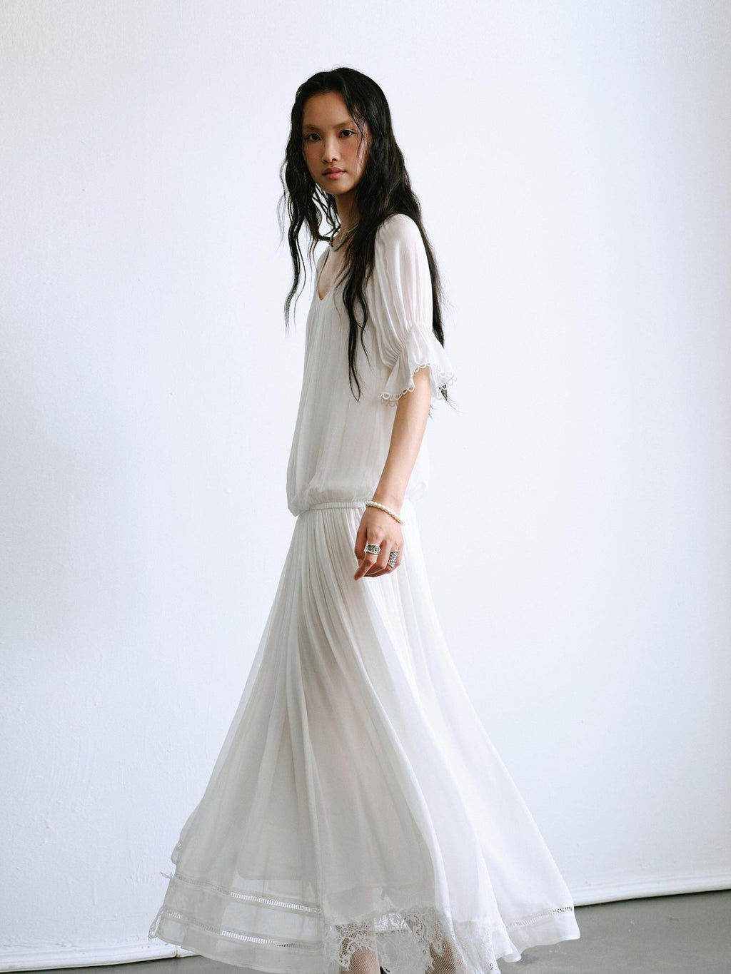 ENDO PER SE Bohemian Lace Cinched Waist Puff Sleeves Women's Casual Maxi Dresses