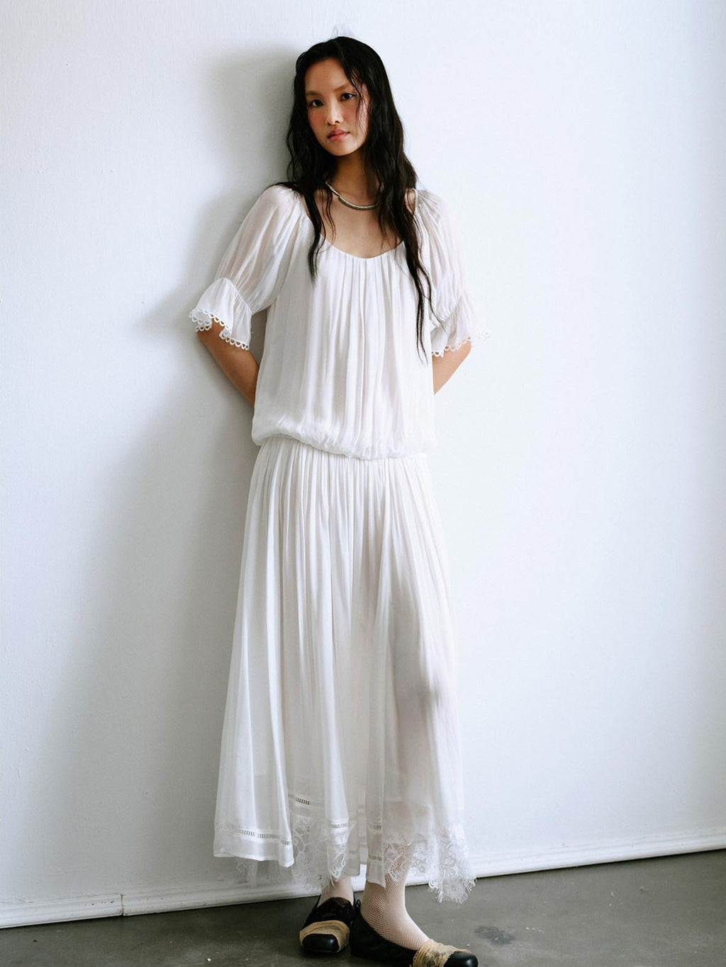 ENDO PER SE Bohemian Lace Cinched Waist Puff Sleeves Women's Casual Maxi Dresses