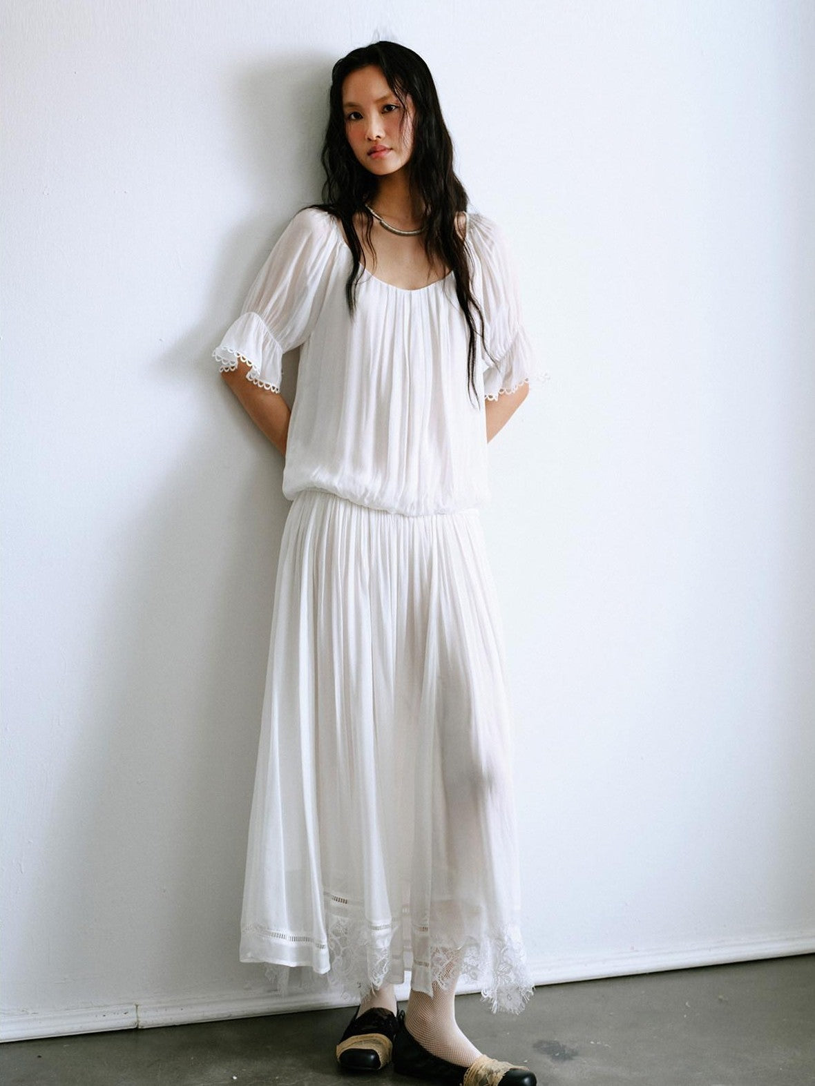 ENDO PER SE Bohemian Lace Cinched Waist Puff Sleeves Women's Casual Maxi Dresses