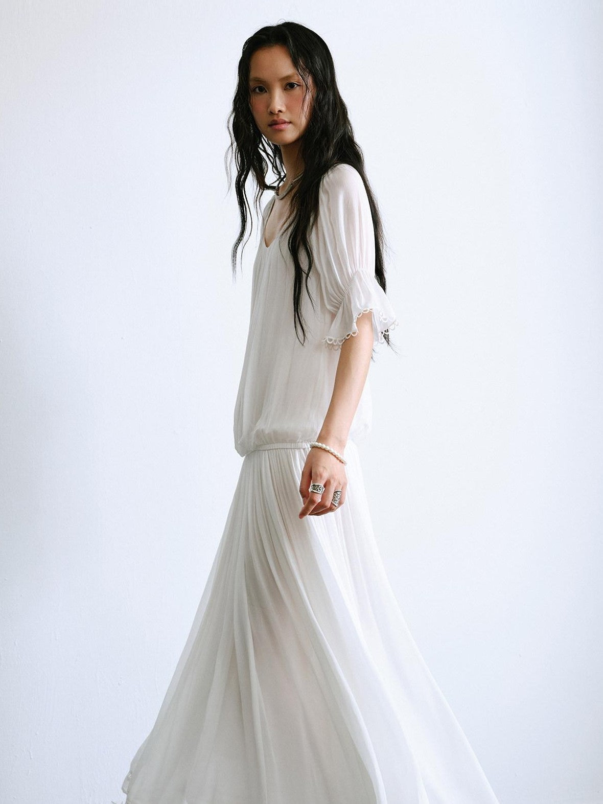 ENDO PER SE Bohemian Lace Cinched Waist Puff Sleeves Women's Casual Maxi Dresses