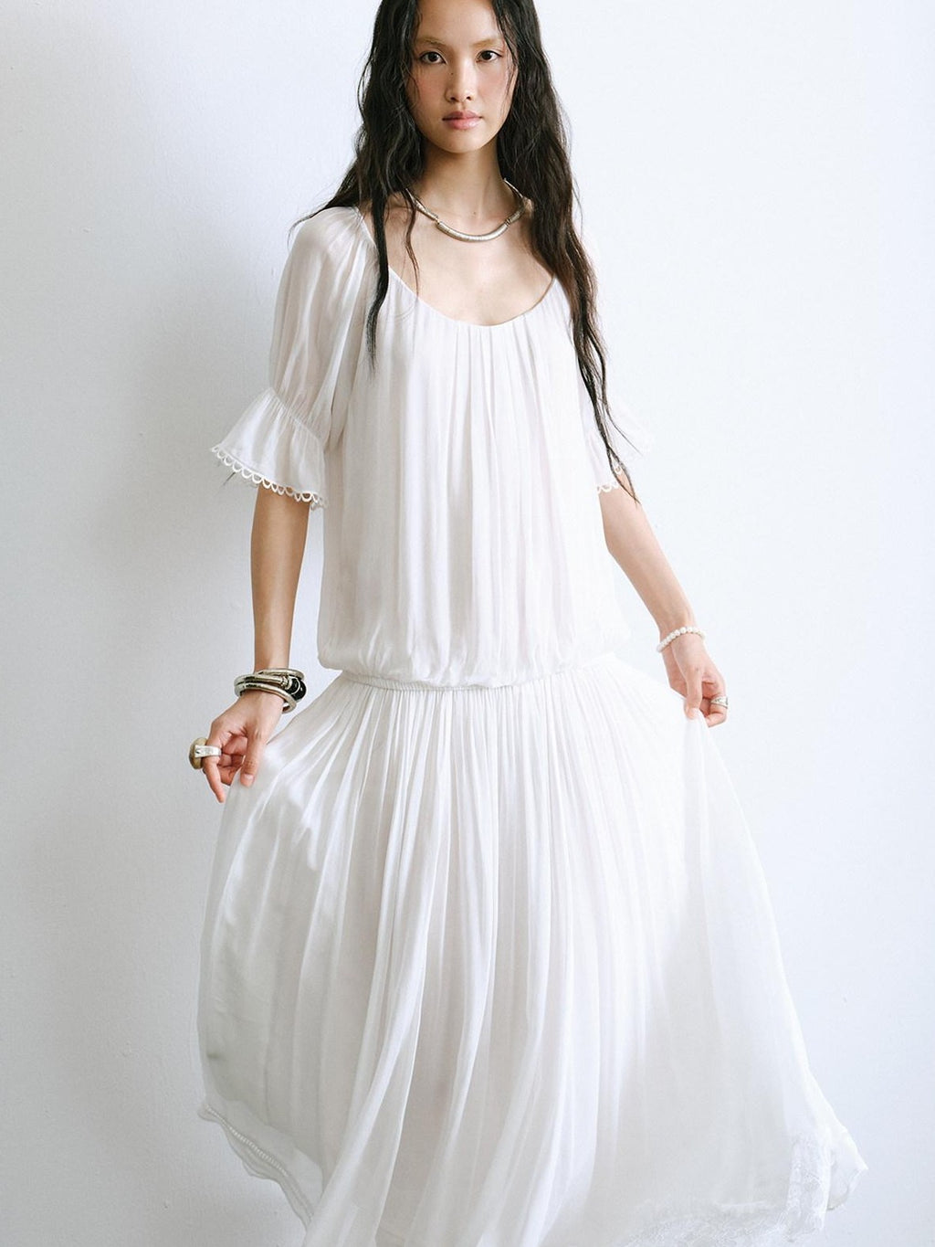 ENDO PER SE Bohemian Lace Cinched Waist Puff Sleeves Women's Casual Maxi Dresses