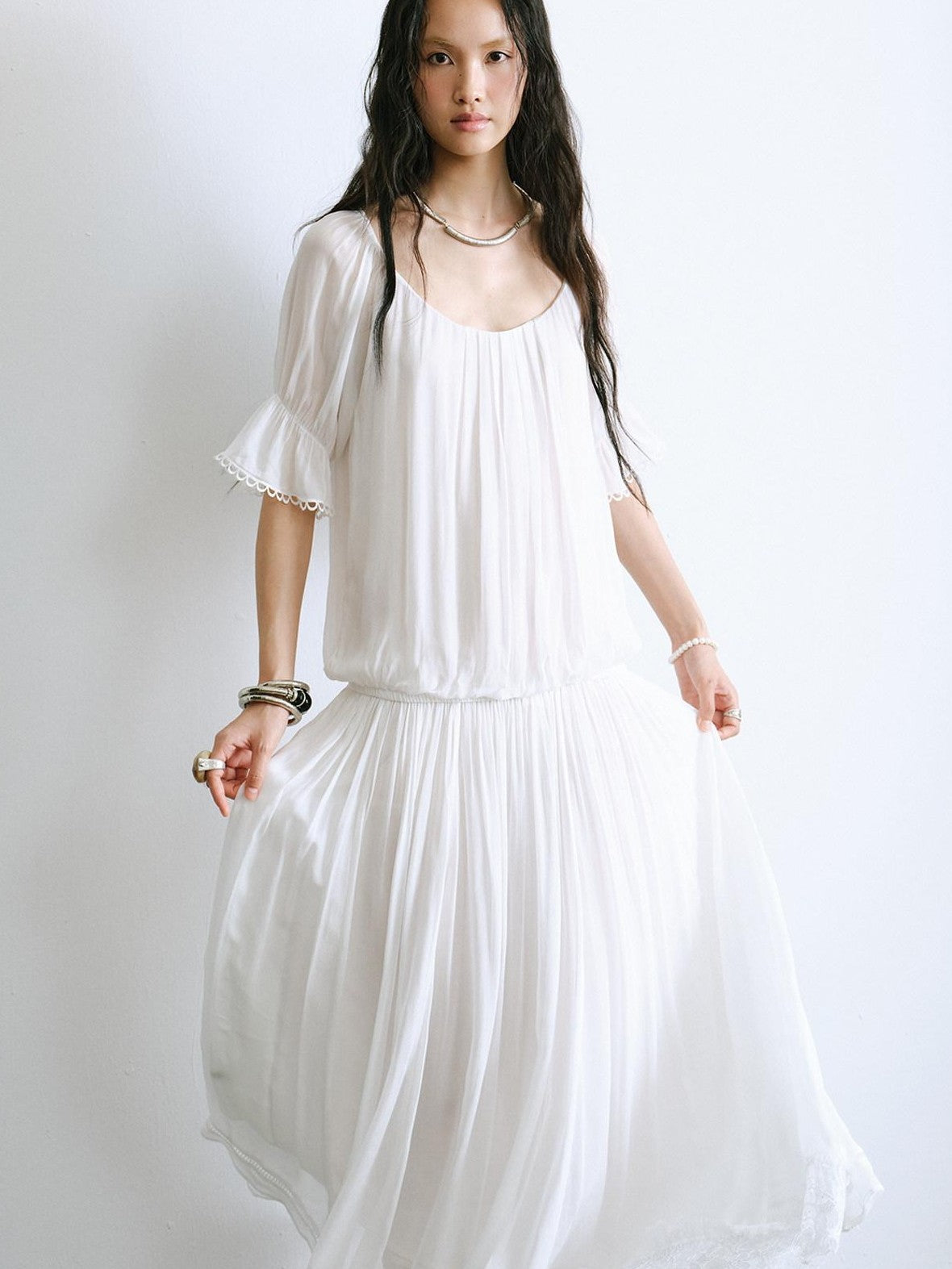 ENDO PER SE Bohemian Lace Cinched Waist Puff Sleeves Women's Casual Maxi Dresses