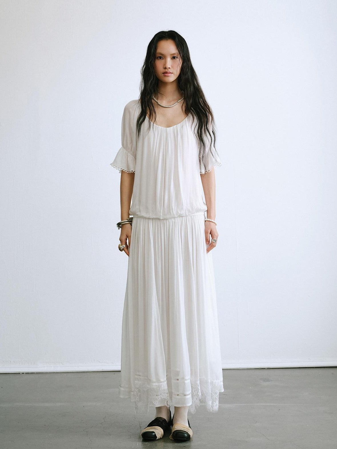 ENDO PER SE Bohemian Lace Cinched Waist Puff Sleeves Women's Casual Maxi Dresses