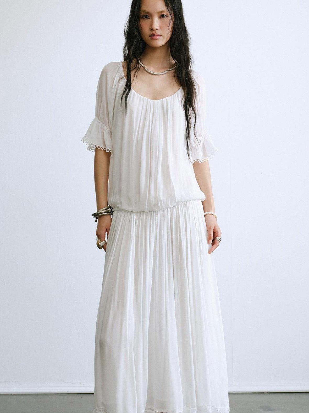 ENDO PER SE Bohemian Lace Cinched Waist Puff Sleeves Women's Casual Maxi Dresses