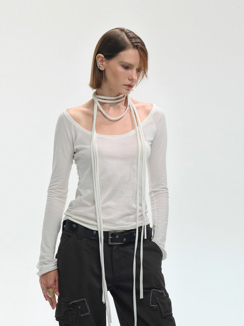 ENDO PER SE Breathable Tie Neck Knit Slim Fit Women's Cotton Long Sleeve T-shirts