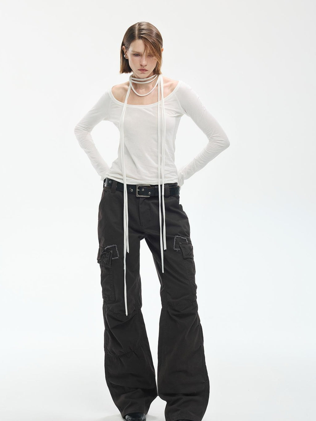 ENDO PER SE Breathable Tie Neck Knit Slim Fit Women's Cotton Long Sleeve T-shirts