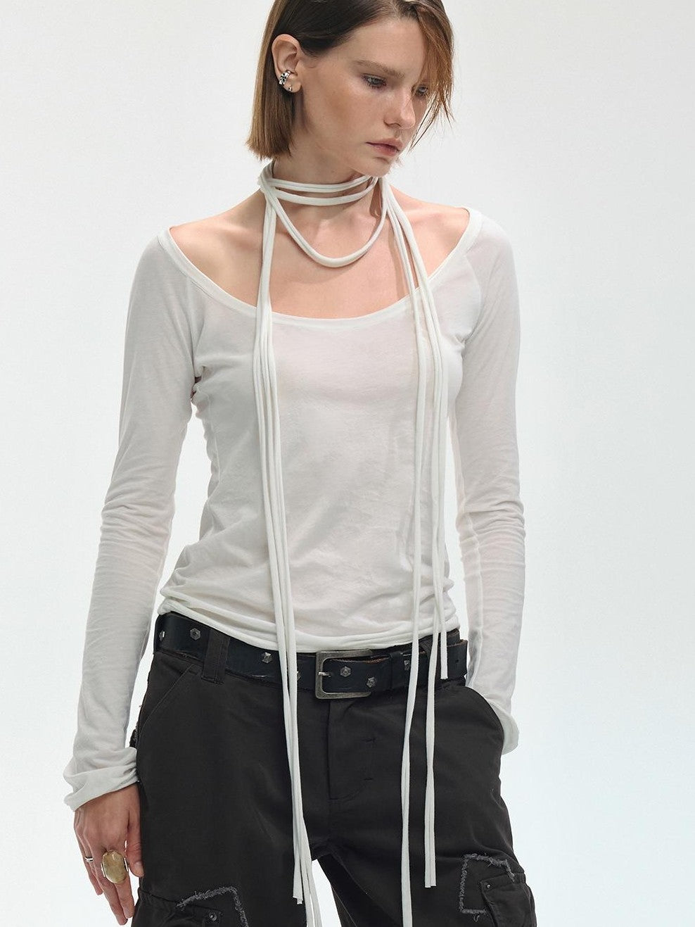 ENDO PER SE Breathable Tie Neck Knit Slim Fit Women's Cotton Long Sleeve T-shirts