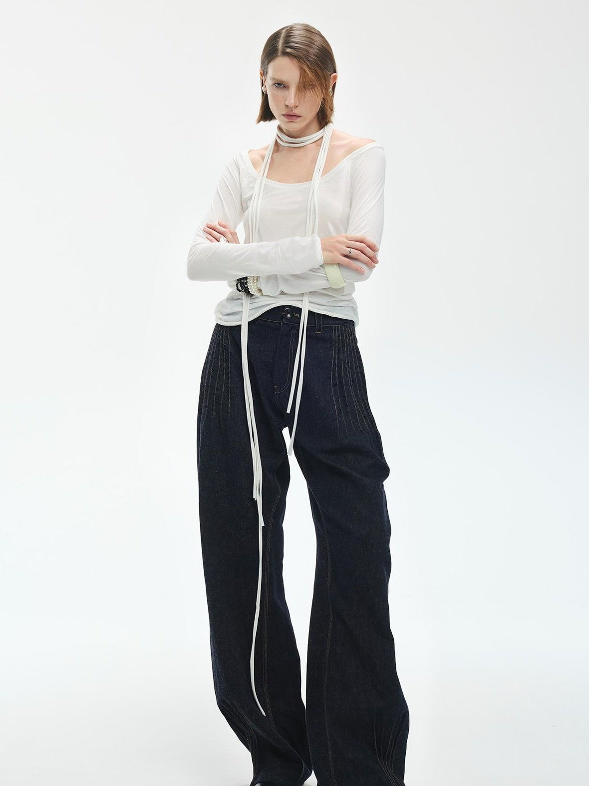 ENDO PER SE Breathable Tie Neck Knit Slim Fit Women's Cotton Long Sleeve T-shirts