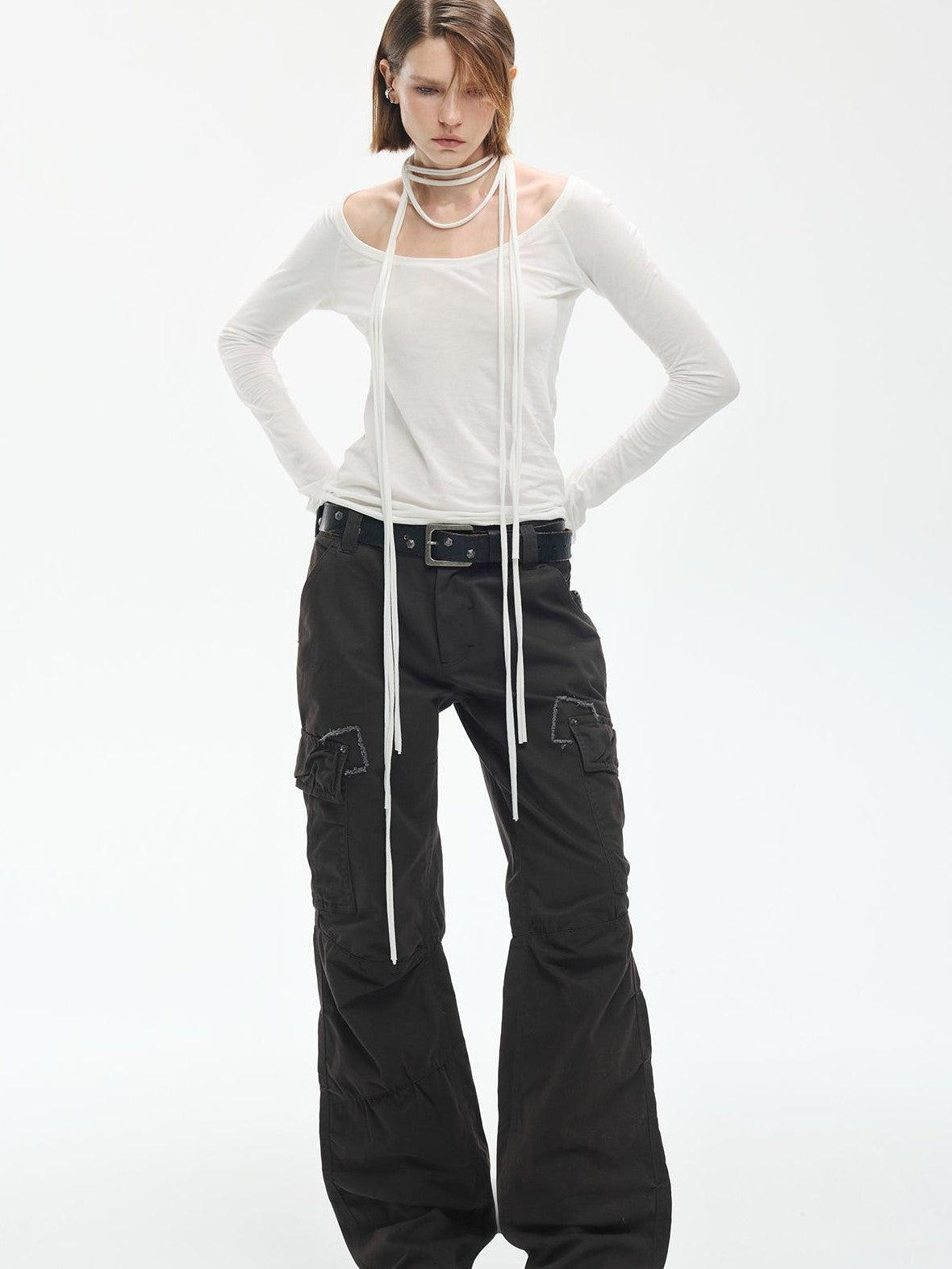 ENDO PER SE Breathable Tie Neck Knit Slim Fit Women's Cotton Long Sleeve T-shirts