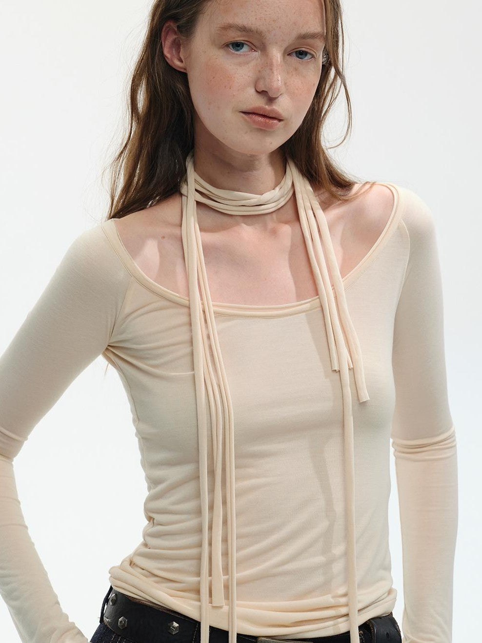 ENDO PER SE Breathable Tie Neck Knit Slim Fit Women's Cotton Long Sleeve T-shirts