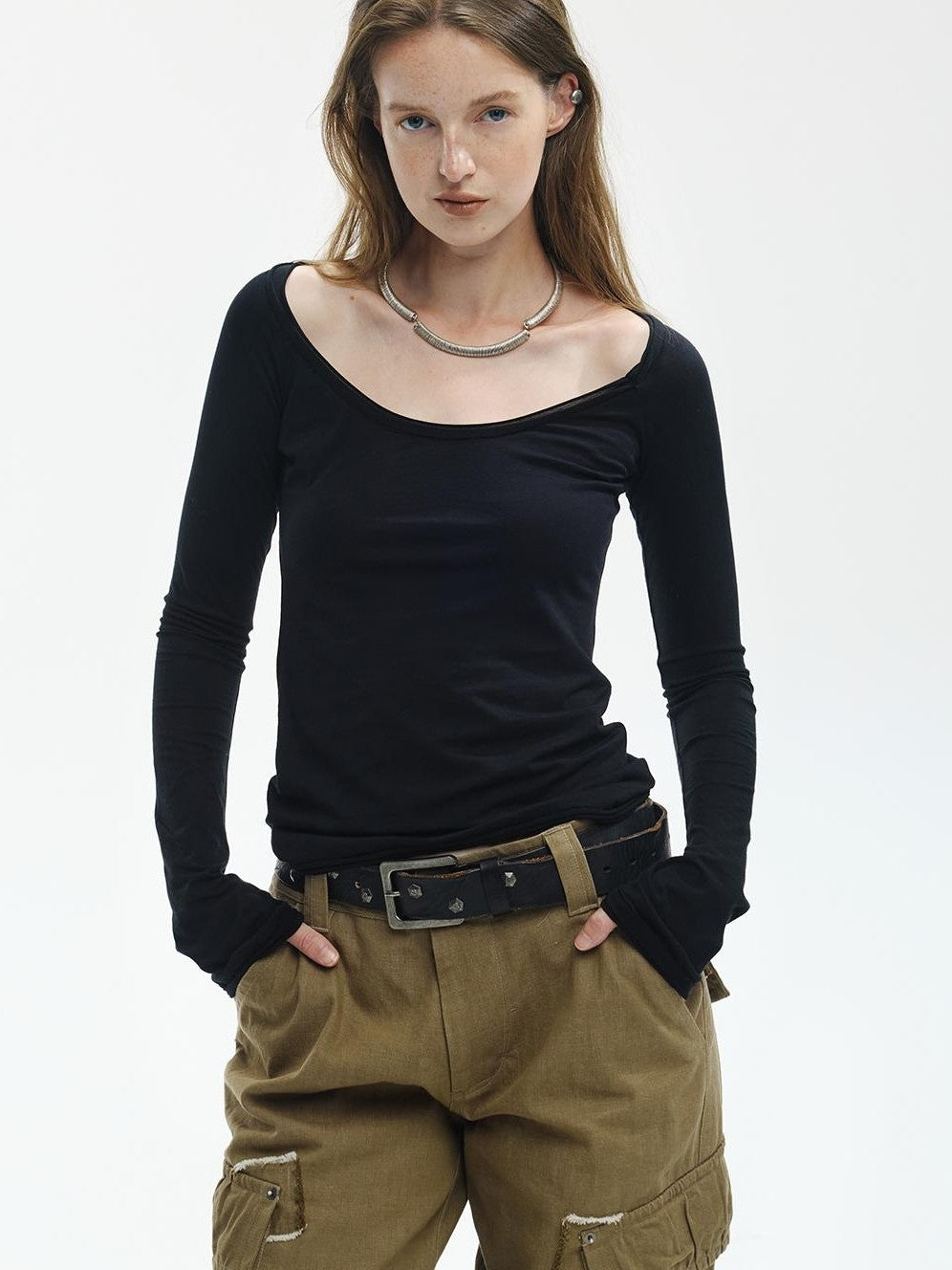 ENDO PER SE Breathable Tie Neck Knit Slim Fit Women's Cotton Long Sleeve T-shirts
