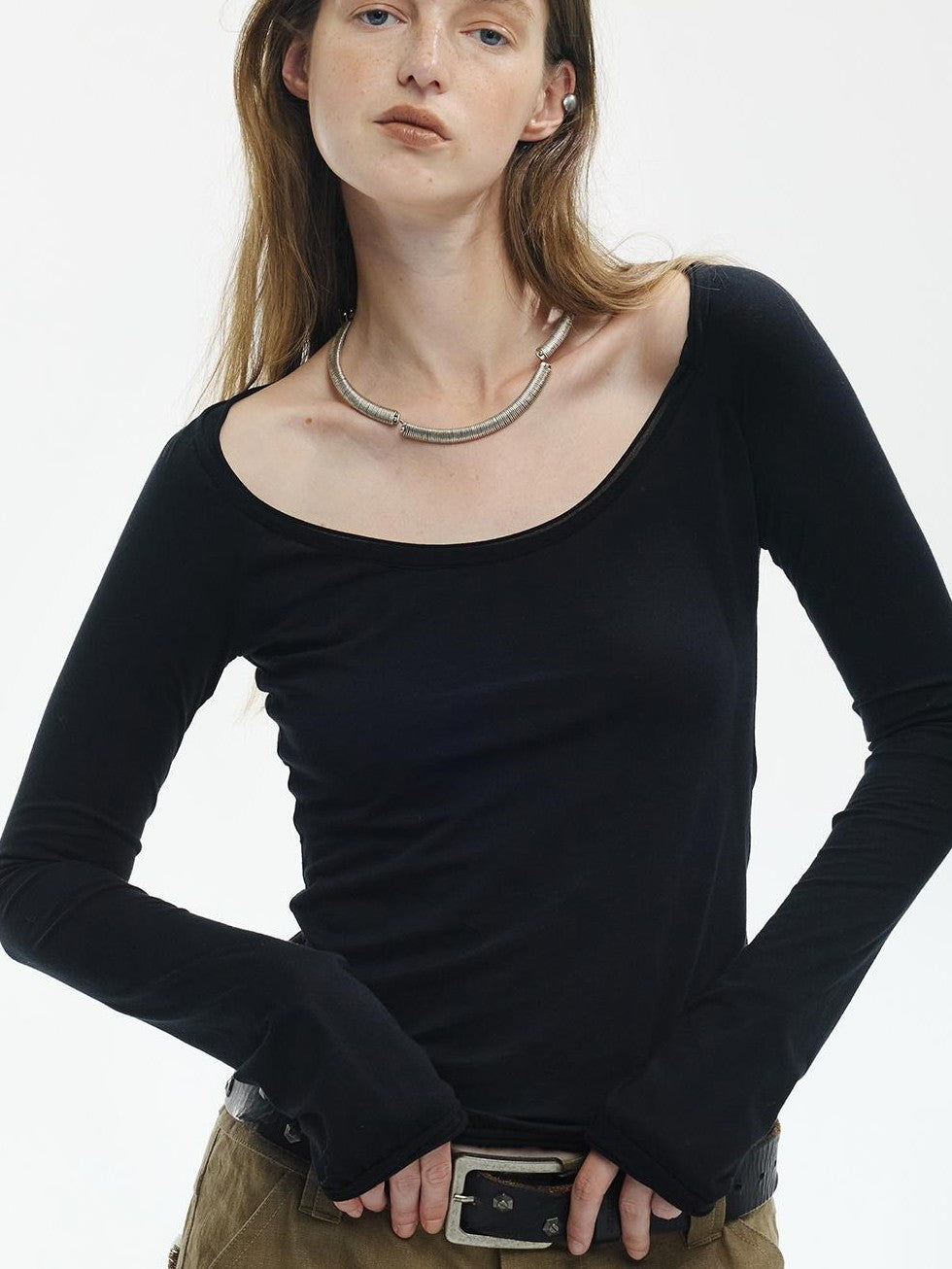 ENDO PER SE Breathable Tie Neck Knit Slim Fit Women's Cotton Long Sleeve T-shirts