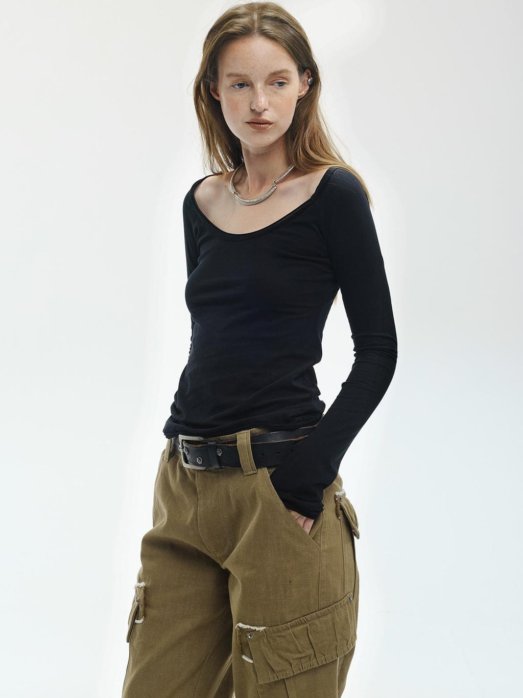 ENDO PER SE Breathable Tie Neck Knit Slim Fit Women's Cotton Long Sleeve T-shirts