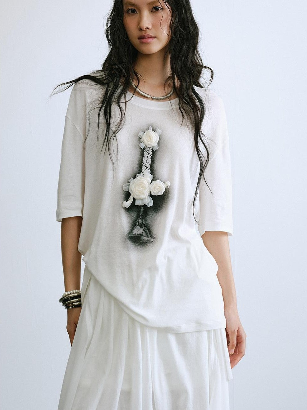 ENDO PER SE Candelabra Rose Printed Distressed Women's Cotton Short Sleeve T-shirts