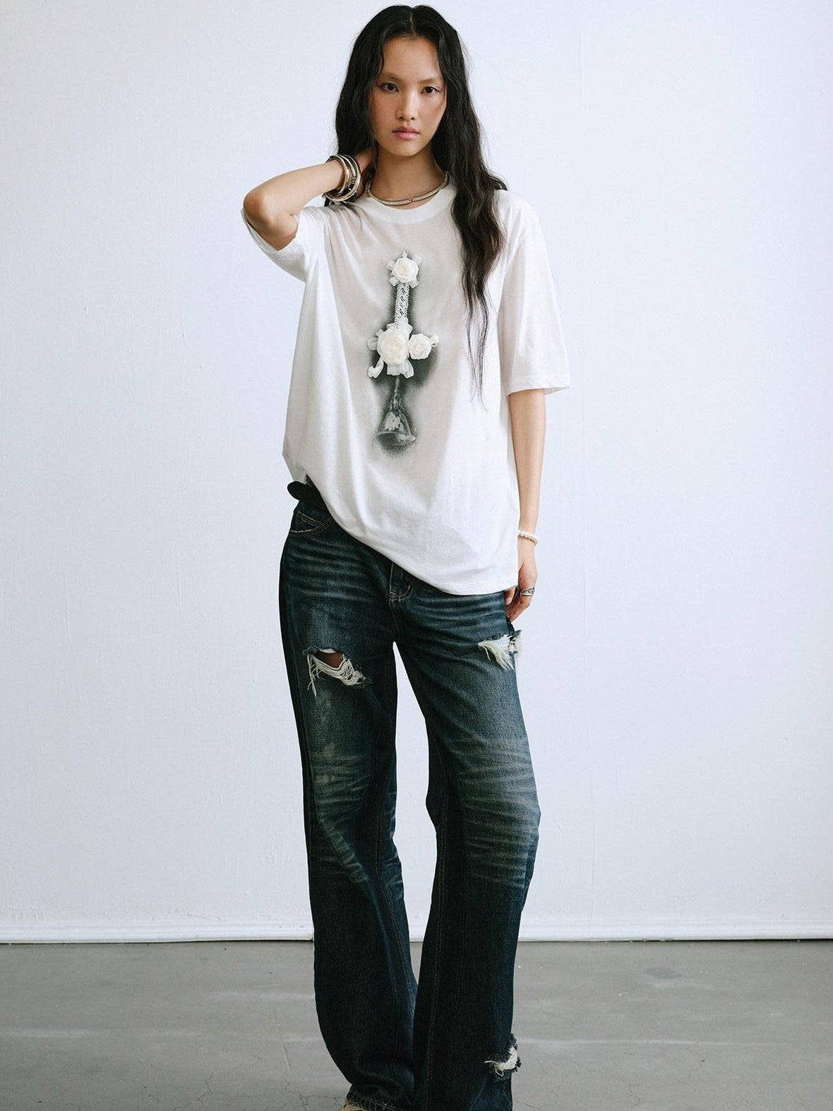 ENDO PER SE Candelabra Rose Printed Distressed Women's Cotton Short Sleeve T-shirts