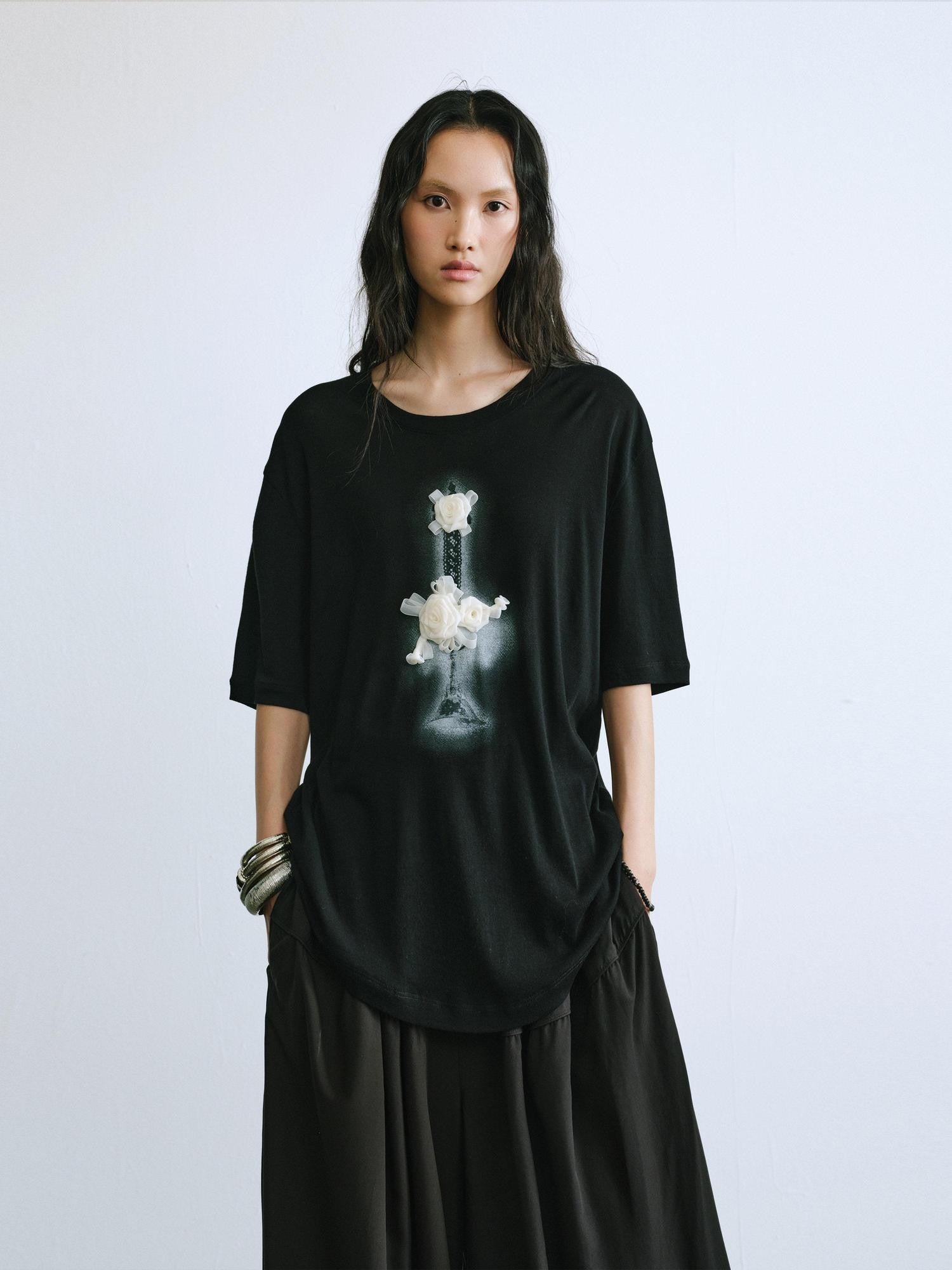 ENDO PER SE Candelabra Rose Printed Distressed Women's Cotton Short Sleeve T-shirts