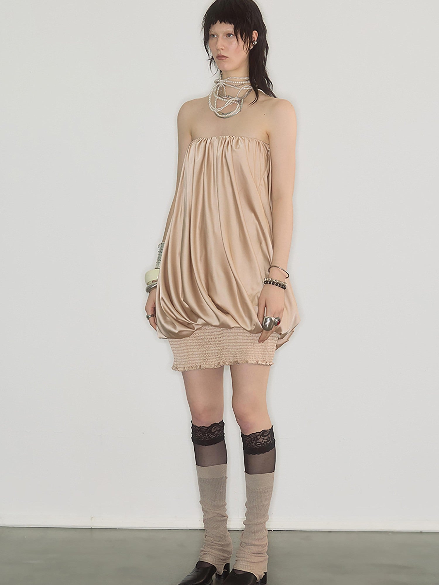 ENDO PER SE Champagne Pleated Irregular Ruching Women's Polyester Tube Mini Dresses