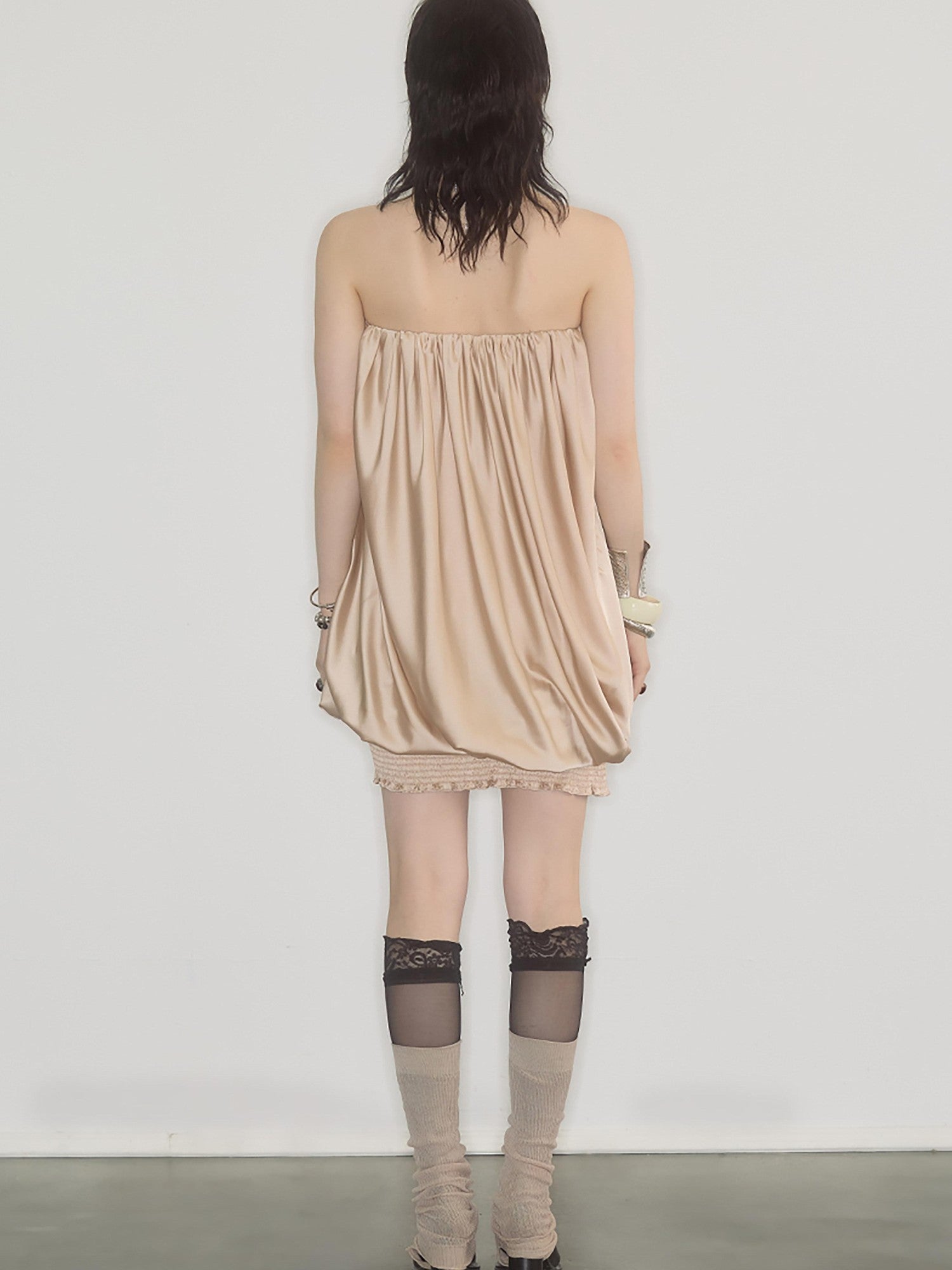 ENDO PER SE Champagne Pleated Irregular Ruching Women's Polyester Tube Mini Dresses
