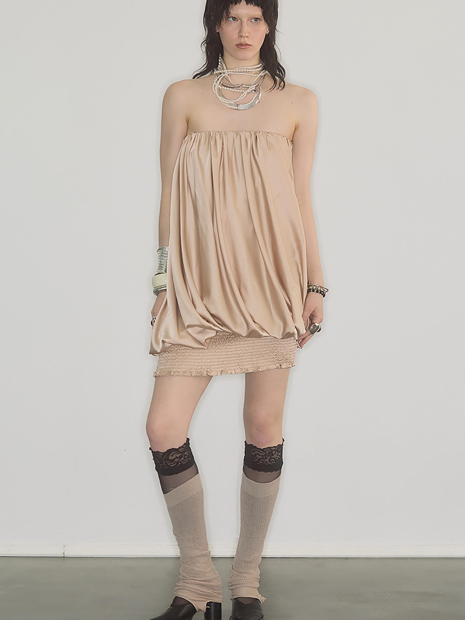 ENDO PER SE Champagne Pleated Irregular Ruching Women's Polyester Tube Mini Dresses