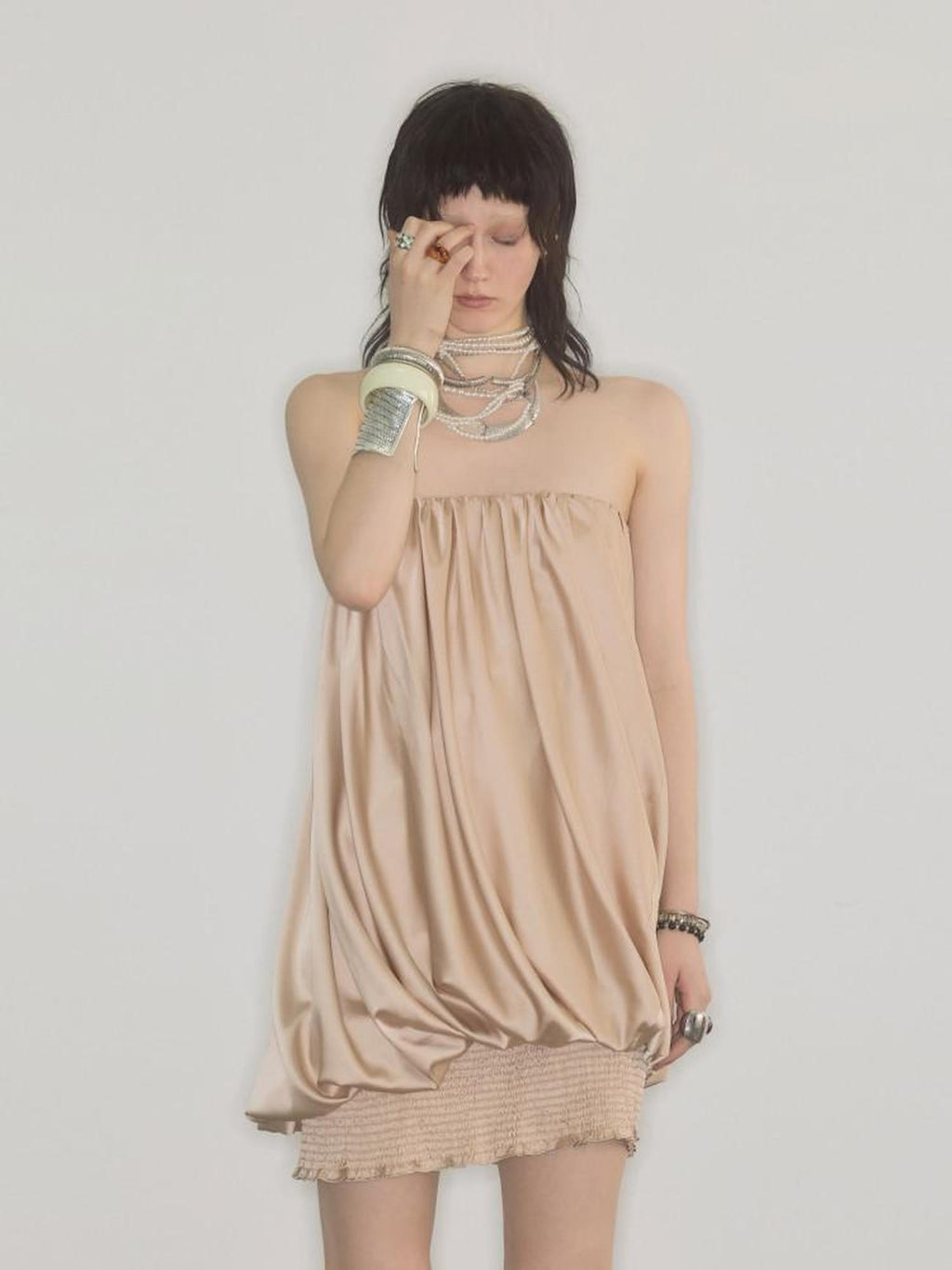 ENDO PER SE Champagne Pleated Irregular Ruching Women's Polyester Tube Mini Dresses
