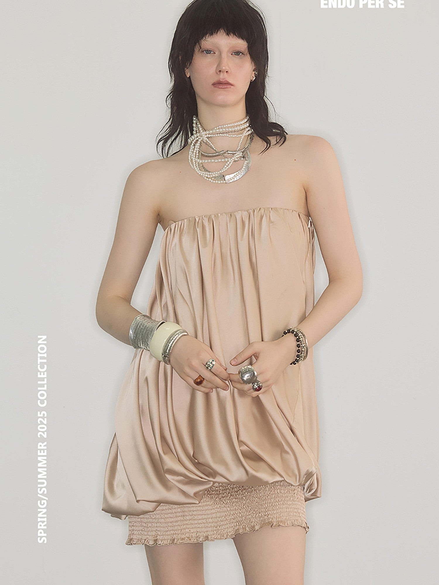 ENDO PER SE Champagne Pleated Irregular Ruching Women's Polyester Tube Mini Dresses