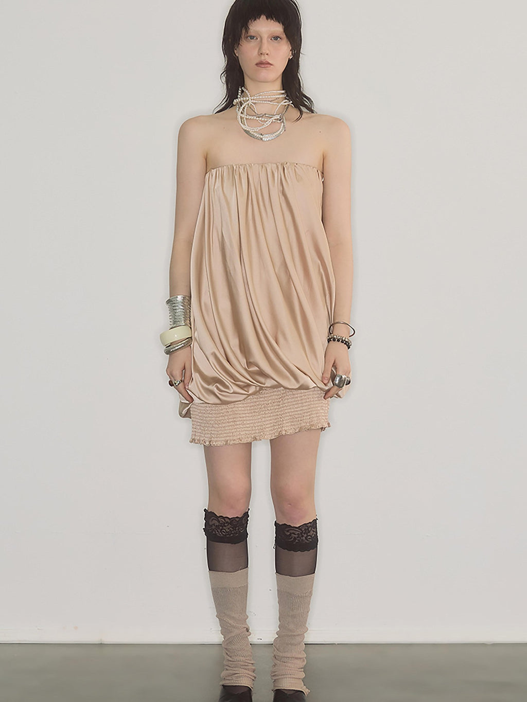 ENDO PER SE Champagne Pleated Irregular Ruching Women's Polyester Tube Mini Dresses