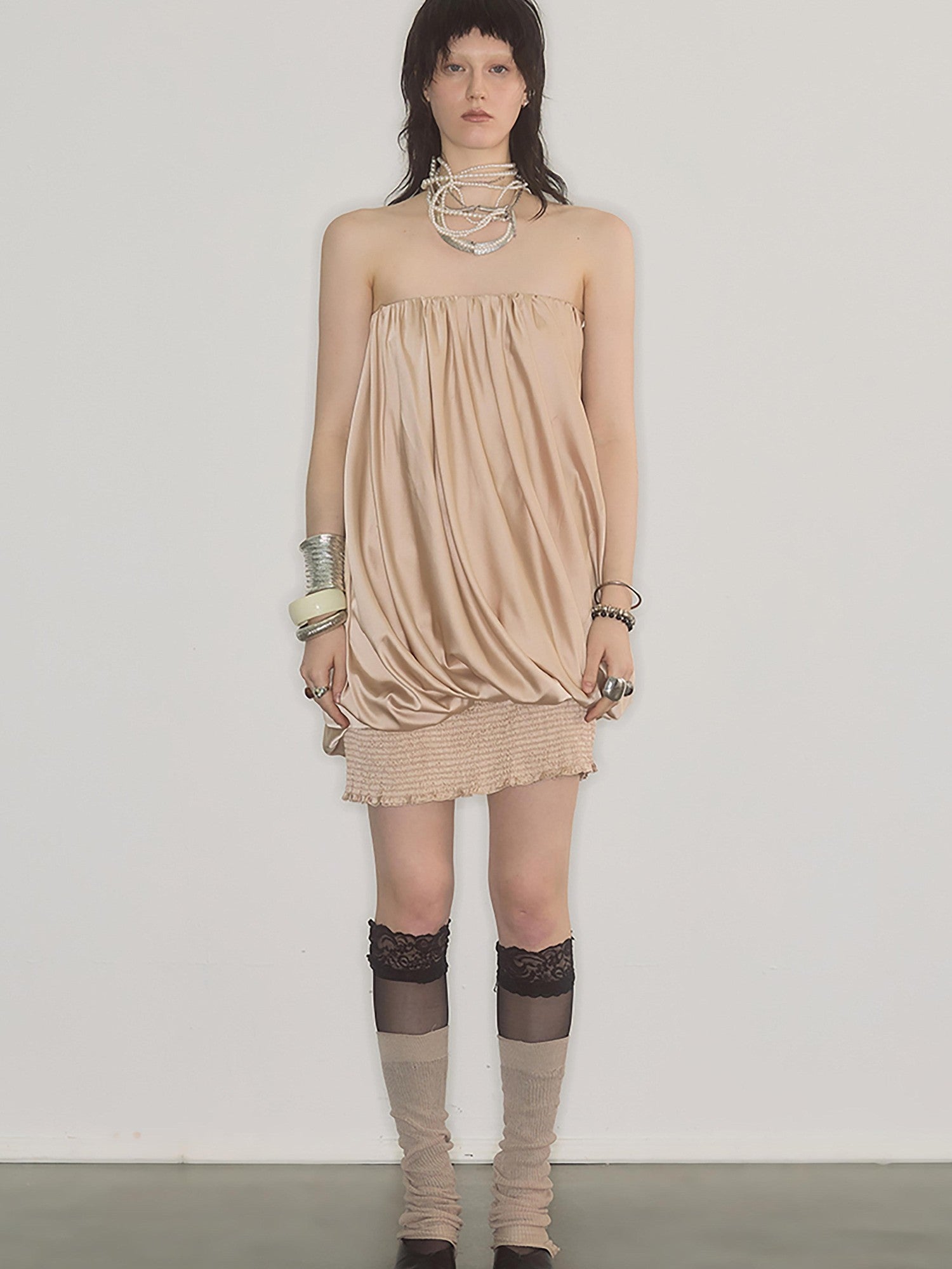 ENDO PER SE Champagne Pleated Irregular Ruching Women's Polyester Tube Mini Dresses