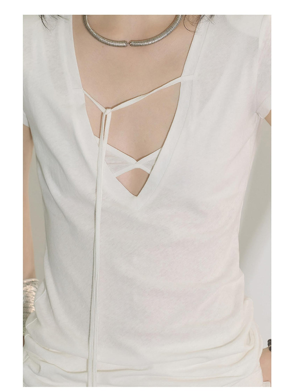 ENDO PER SE Charcoal Deep V-neck Layered Cross Print Women's Cotton Short Sleeve T-shirts