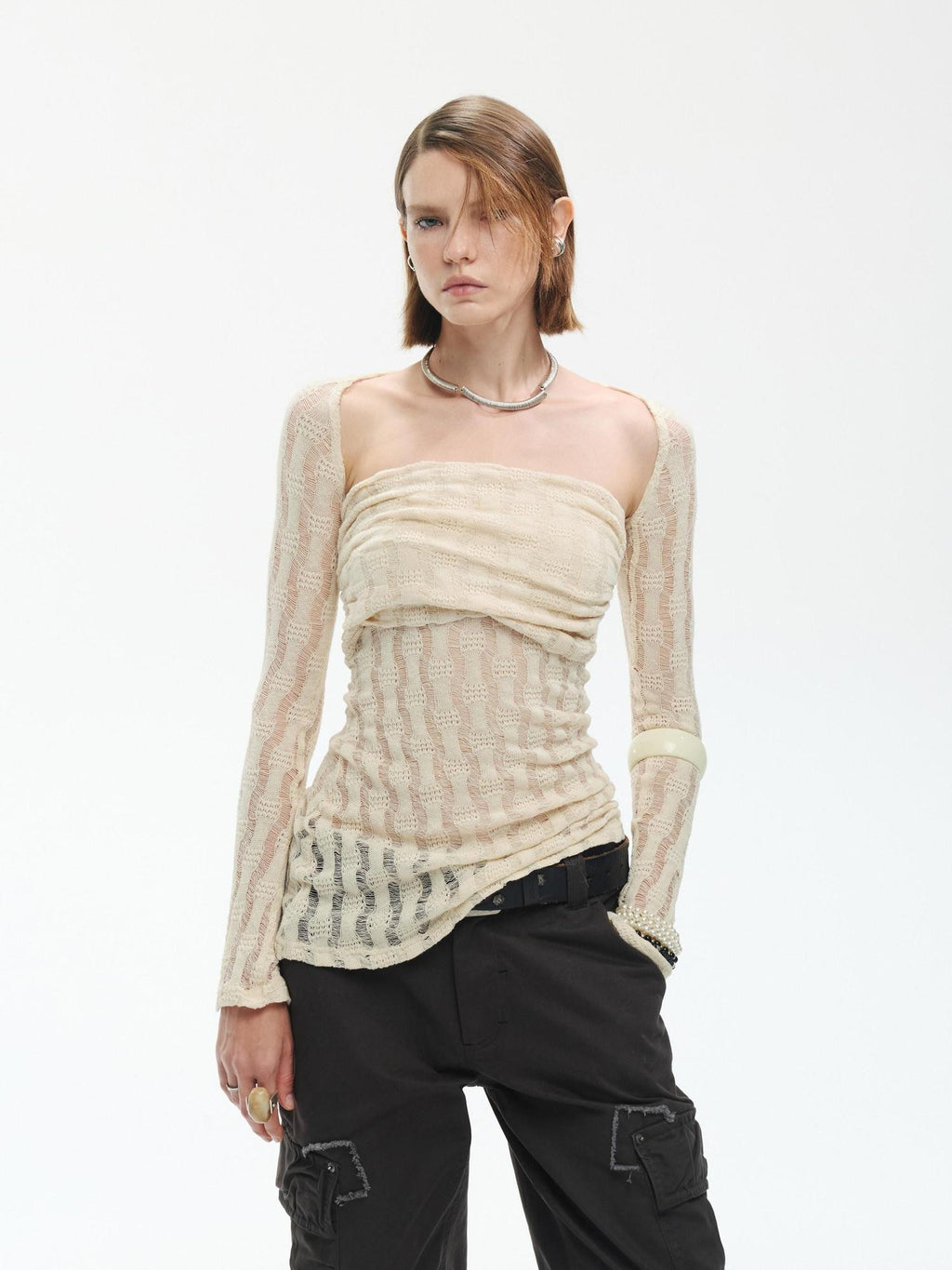 ENDO PER SE Cream Hollow Knitted Two Piece Women's Pure Cotton Tube Tops