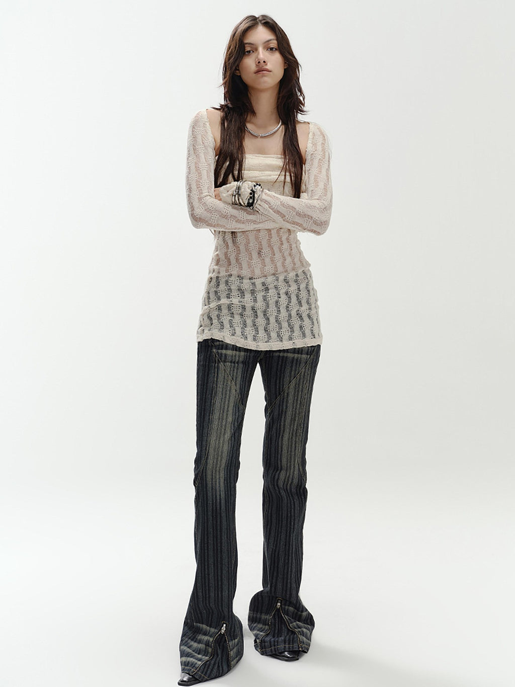 ENDO PER SE Cream Hollow Knitted Two Piece Women's Pure Cotton Tube Tops