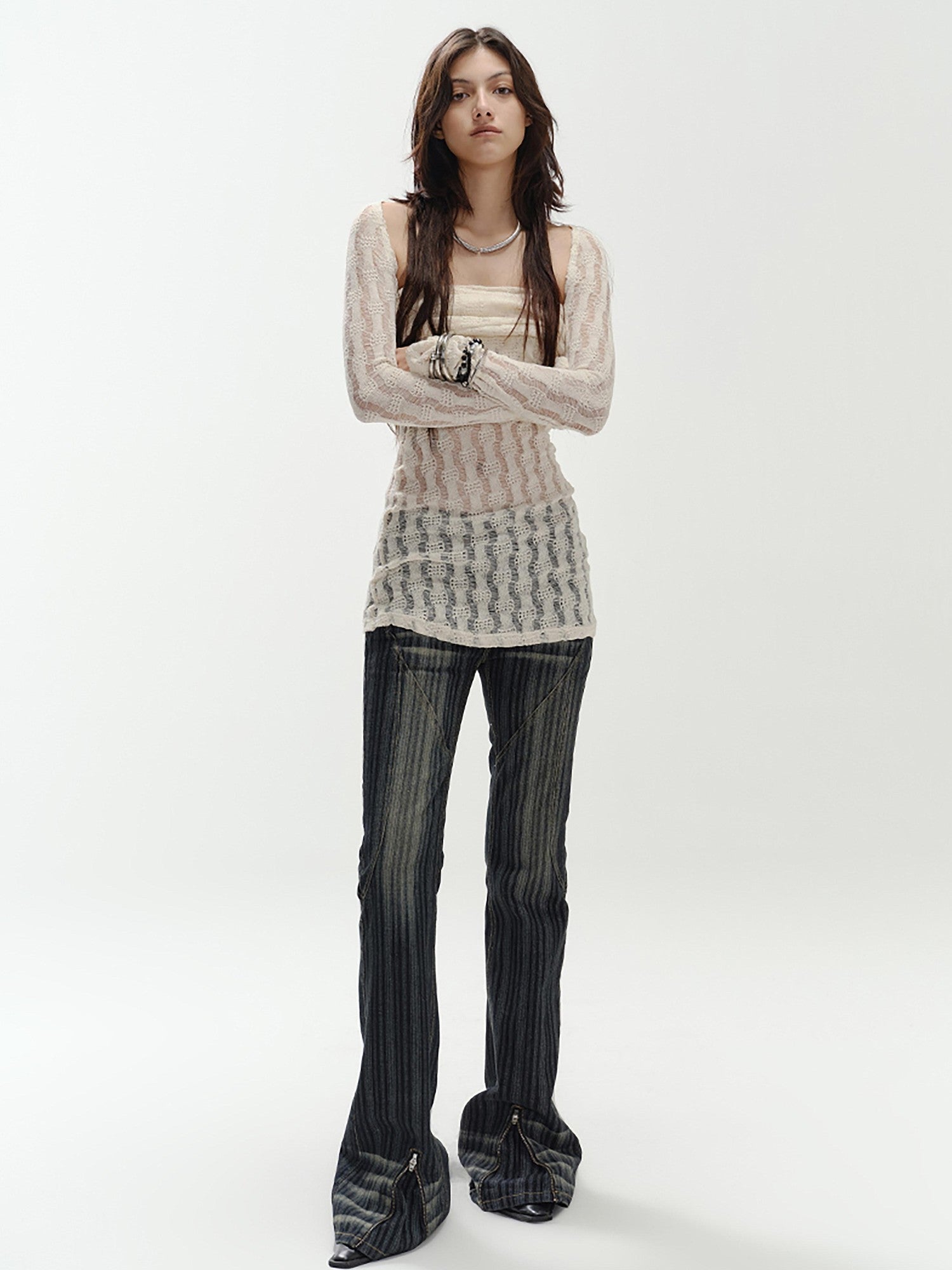 ENDO PER SE Cream Hollow Knitted Two Piece Women's Pure Cotton Tube Tops