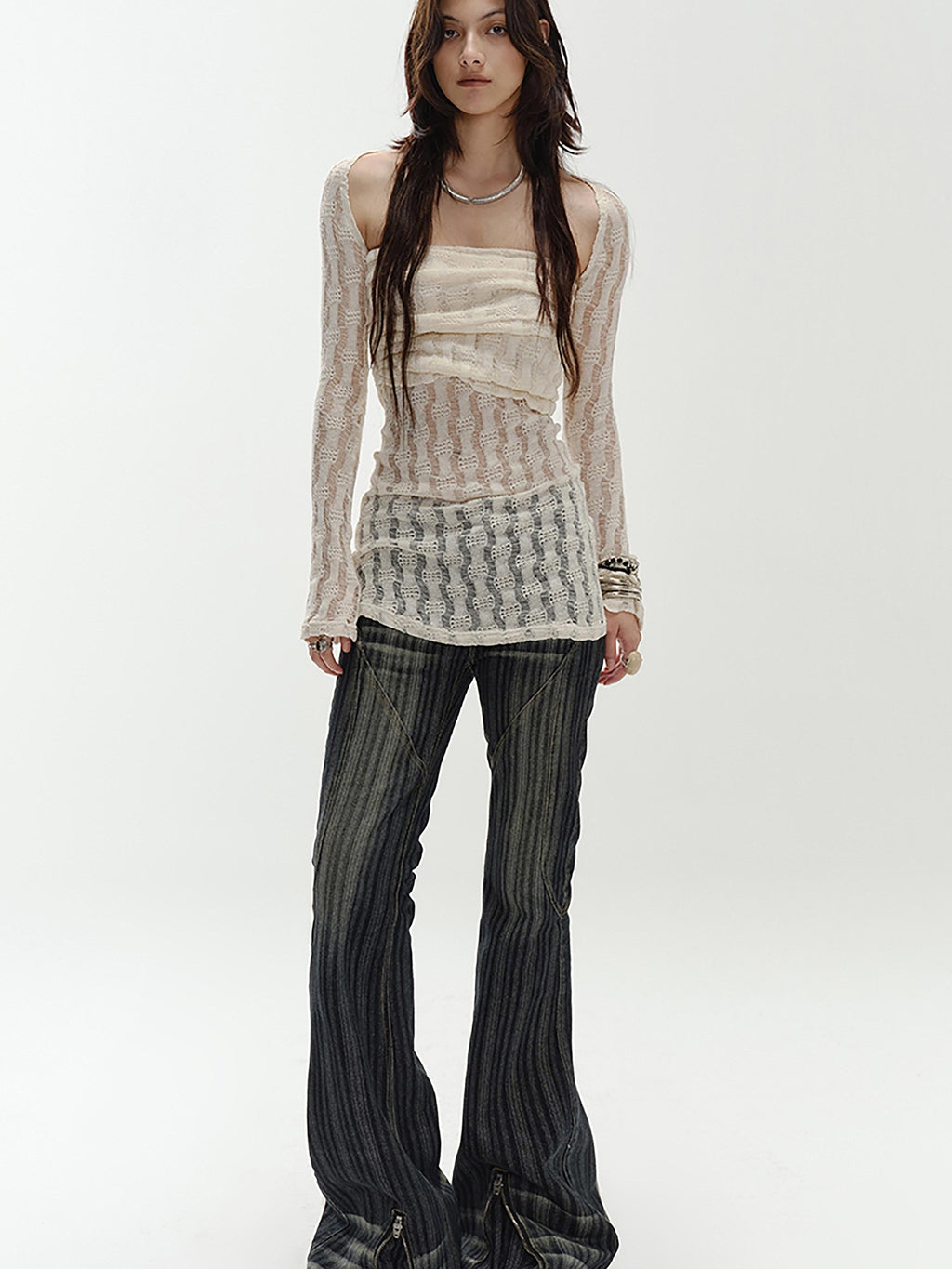ENDO PER SE Cream Hollow Knitted Two Piece Women's Pure Cotton Tube Tops