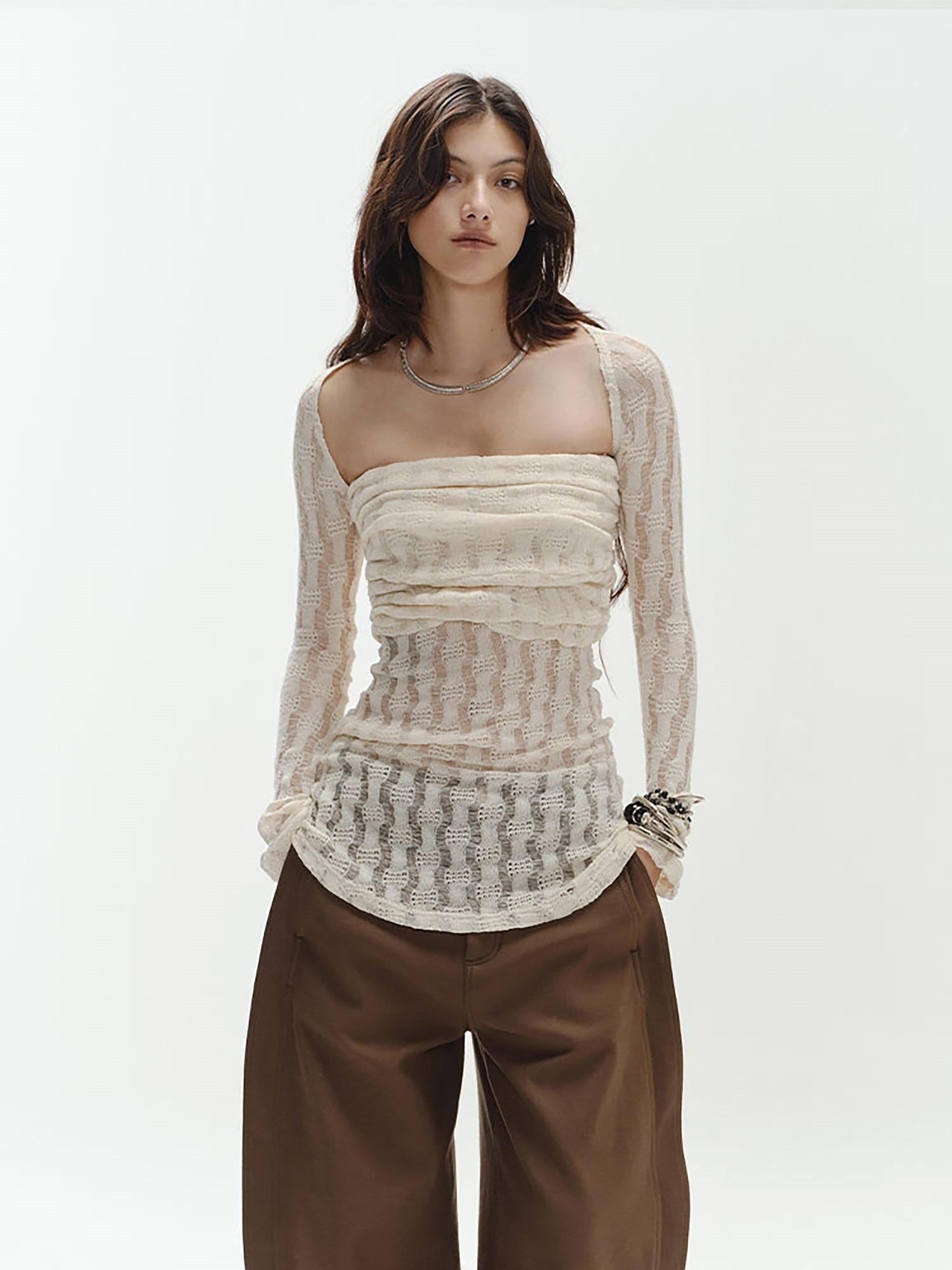 ENDO PER SE Cream Hollow Knitted Two Piece Women's Pure Cotton Tube Tops