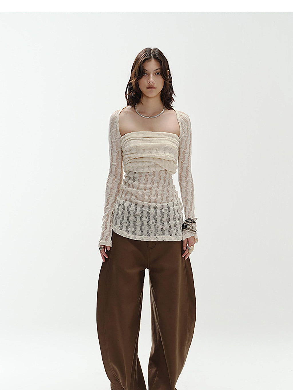 ENDO PER SE Cream Hollow Knitted Two Piece Women's Pure Cotton Tube Tops