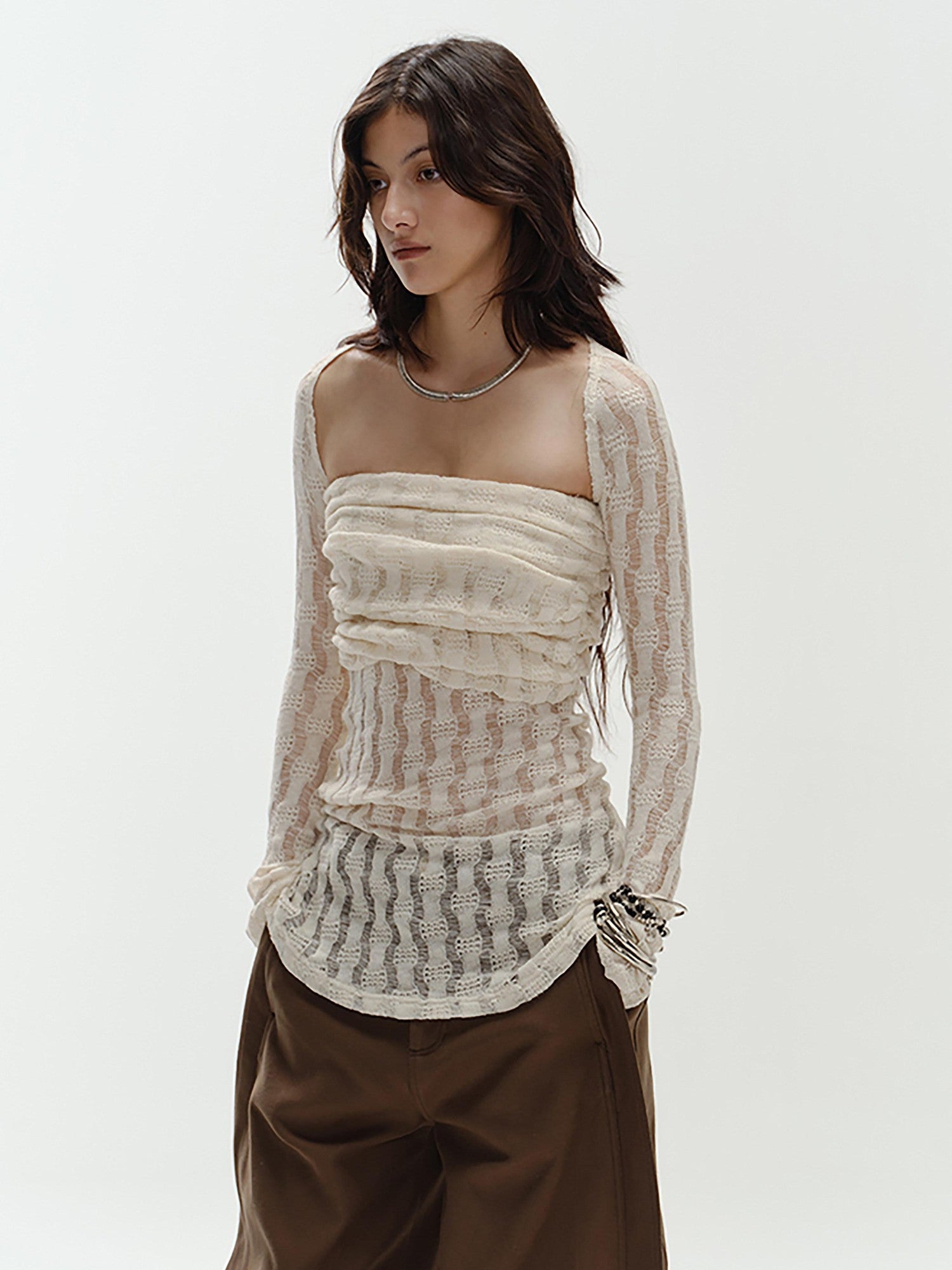 ENDO PER SE Cream Hollow Knitted Two Piece Women's Pure Cotton Tube Tops