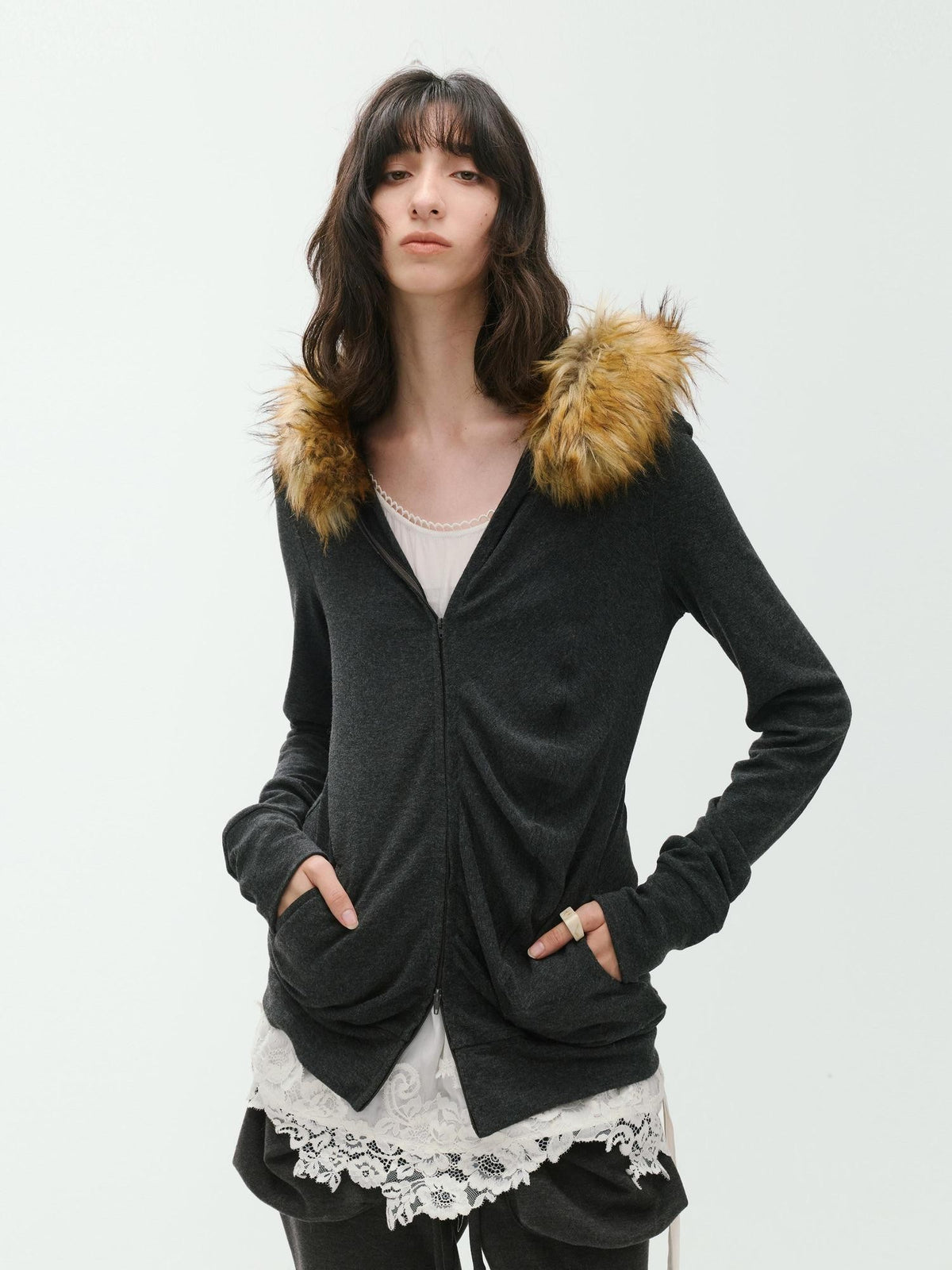 ENDO PER SE Curved Double Zip Detachable Fur Collar Women's Wool Hoodies