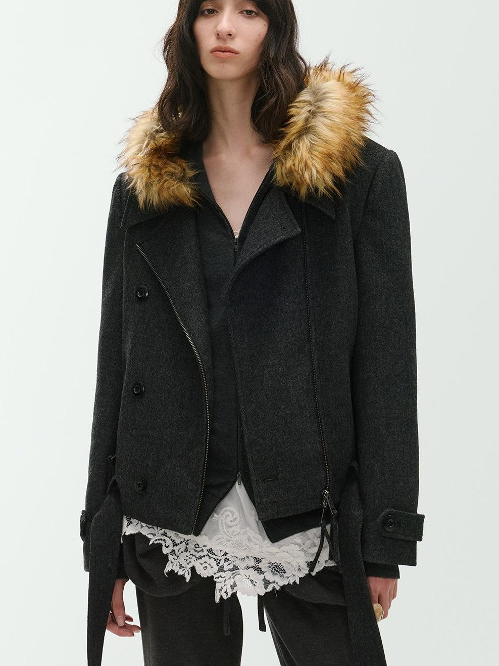 ENDO PER SE Curved Double Zip Detachable Fur Collar Women's Wool Hoodies