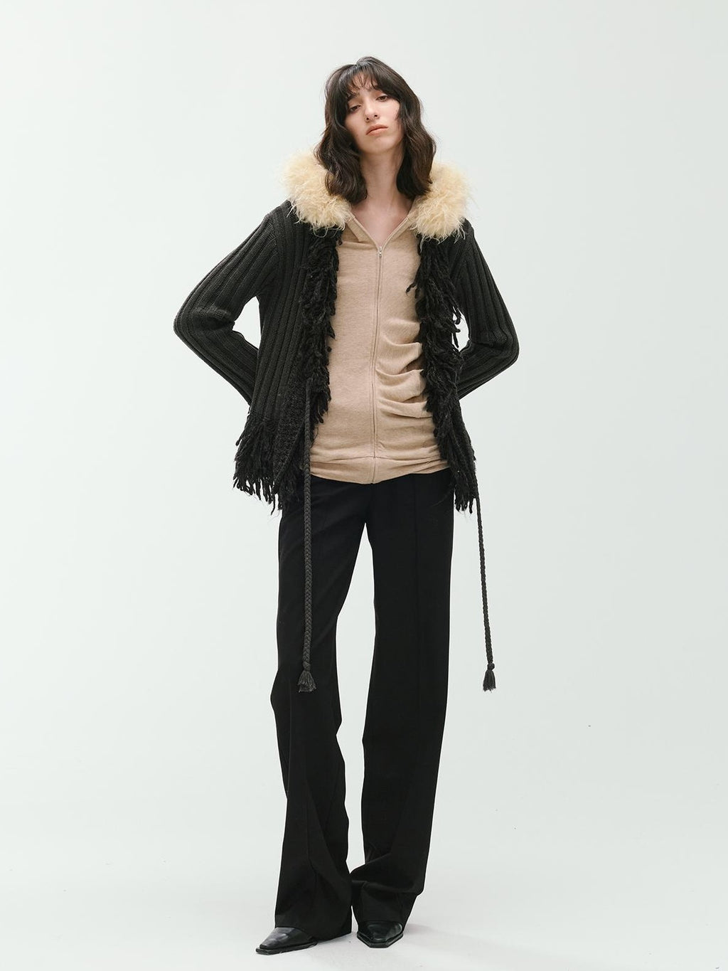 ENDO PER SE Curved Double Zip Detachable Fur Collar Women's Wool Hoodies