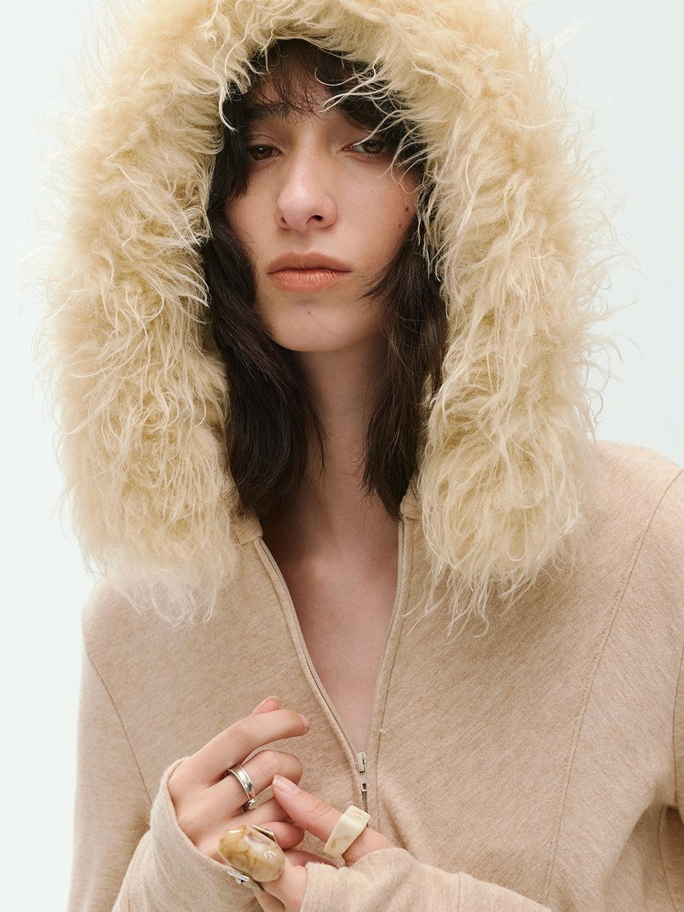ENDO PER SE Curved Double Zip Detachable Fur Collar Women's Wool Hoodies