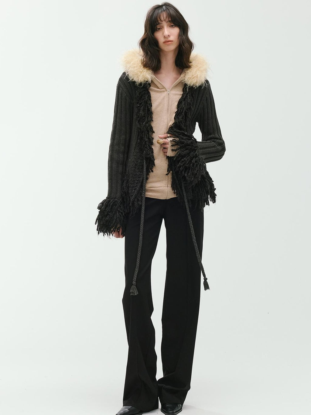 ENDO PER SE Curved Double Zip Detachable Fur Collar Women's Wool Hoodies