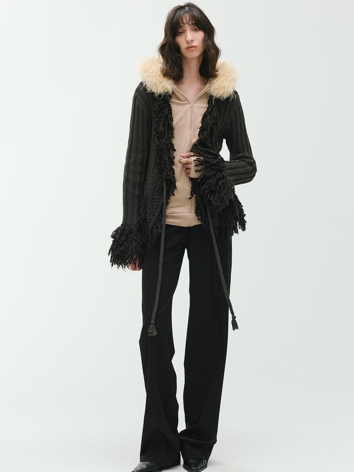ENDO PER SE Curved Double Zip Detachable Fur Collar Women's Wool Hoodies