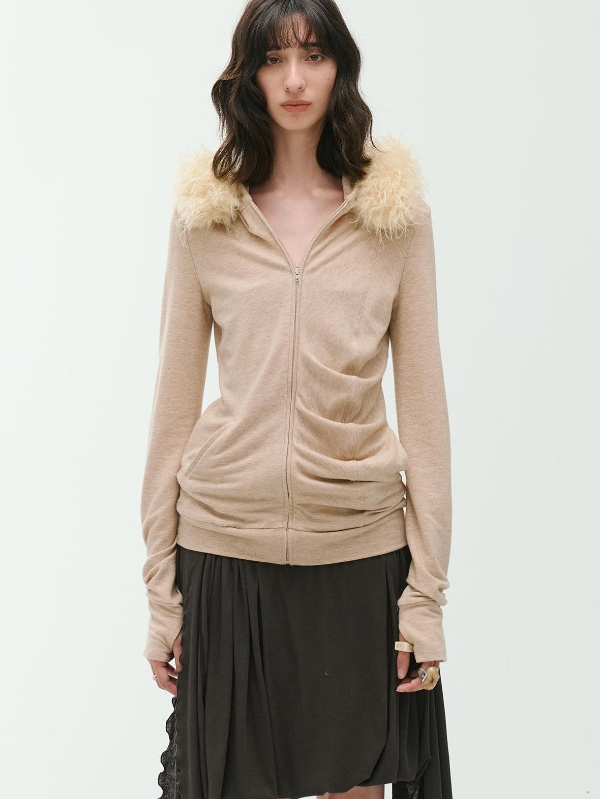 ENDO PER SE Curved Double Zip Detachable Fur Collar Women's Wool Hoodies