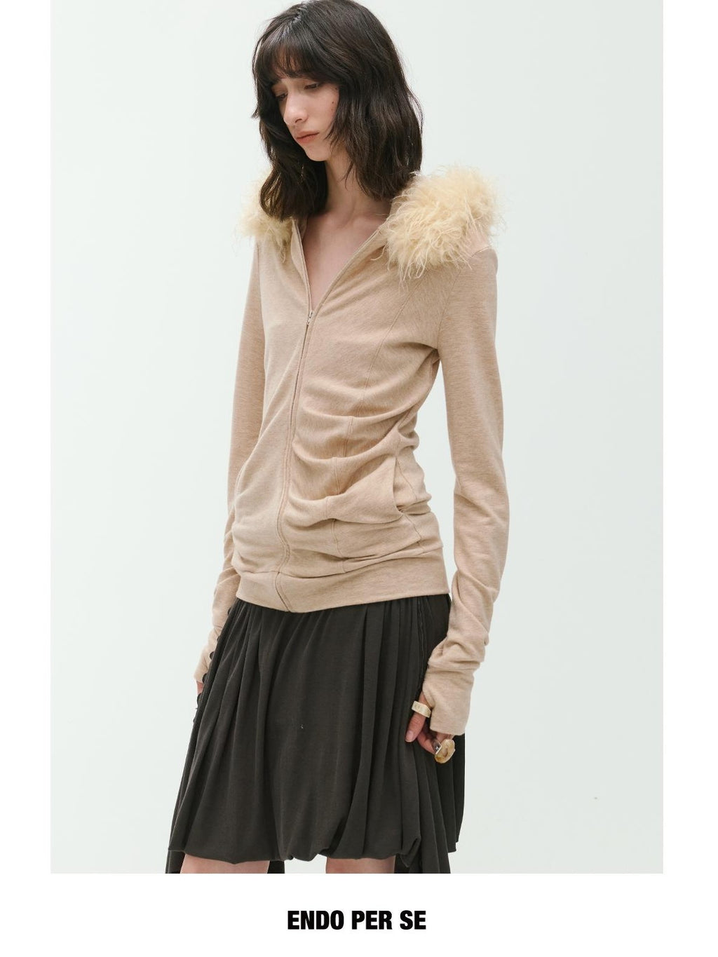 ENDO PER SE Curved Double Zip Detachable Fur Collar Women's Wool Hoodies