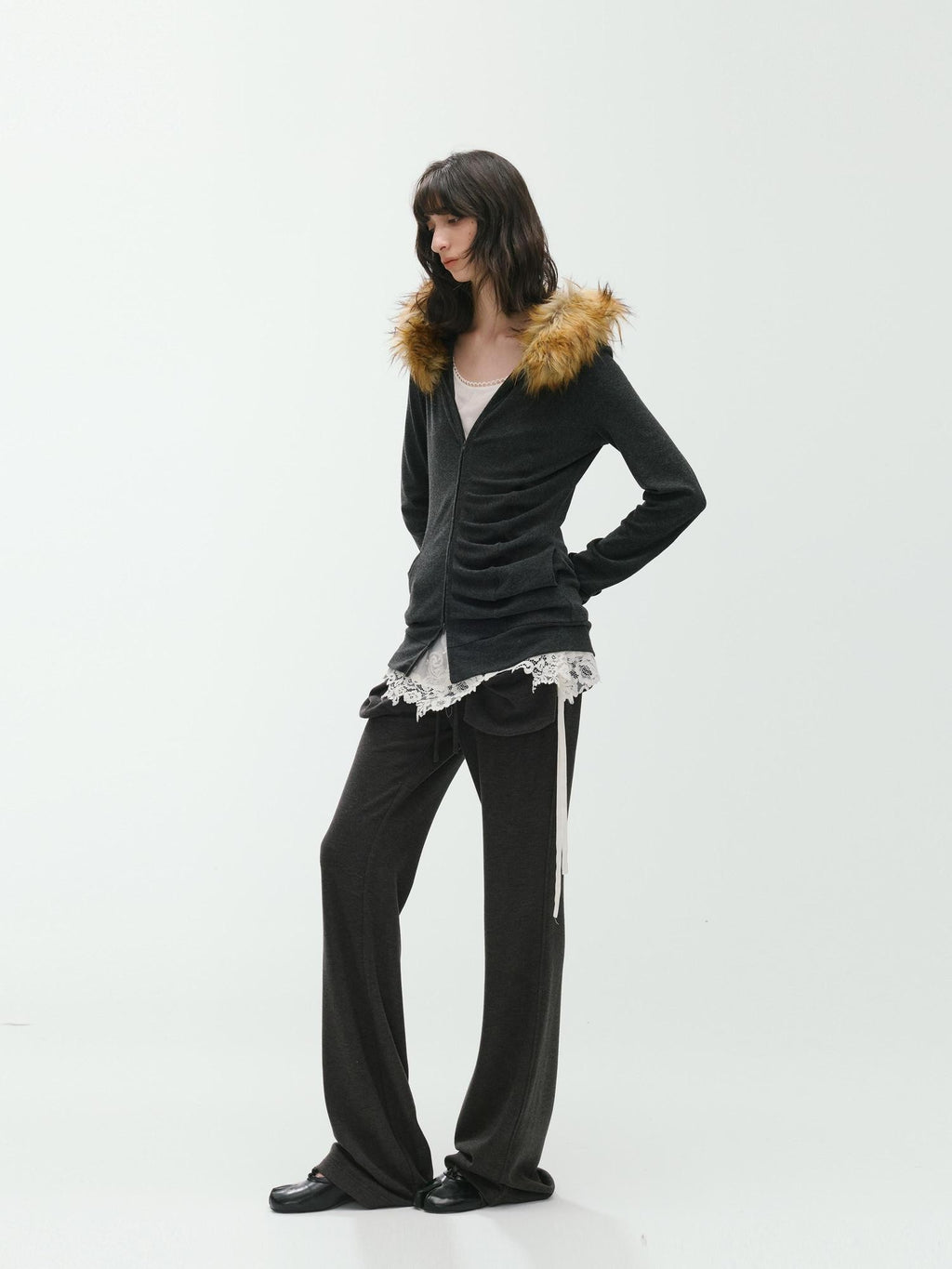 ENDO PER SE Curved Double Zip Detachable Fur Collar Women's Wool Hoodies