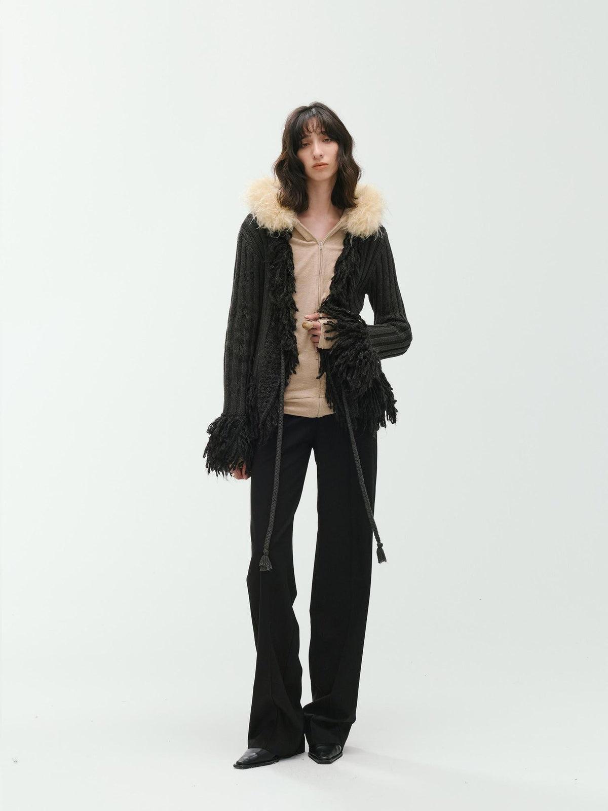 ENDO PER SE Curved Double Zip Detachable Fur Collar Women's Wool Hoodies
