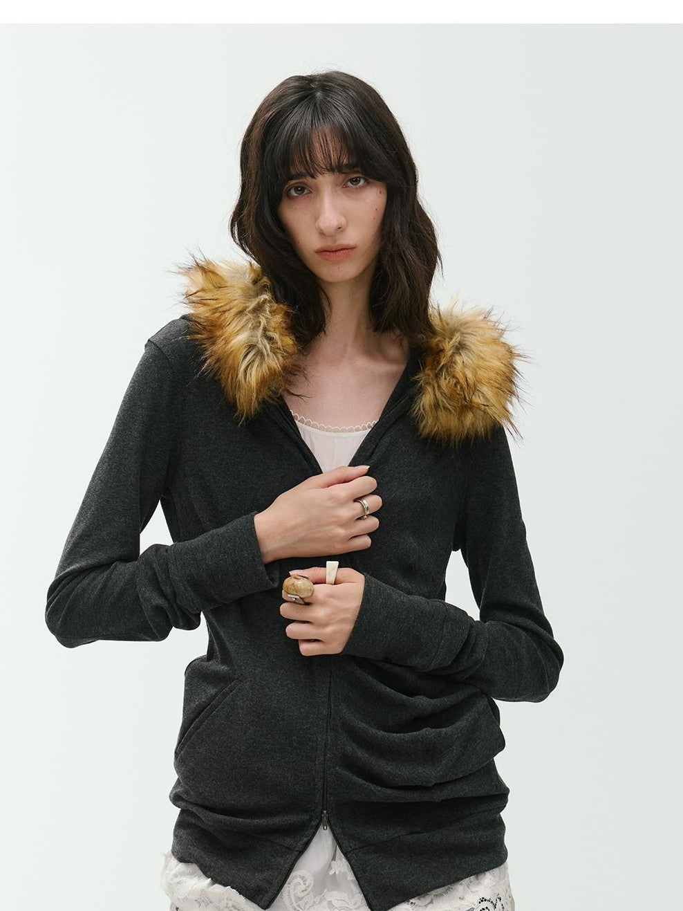 ENDO PER SE Curved Double Zip Detachable Fur Collar Women's Wool Hoodies