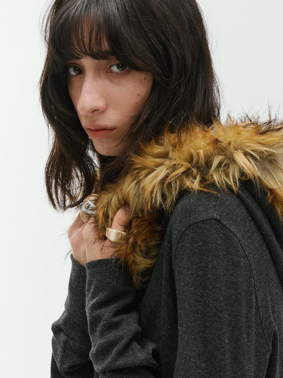 ENDO PER SE Curved Double Zip Detachable Fur Collar Women's Wool Hoodies