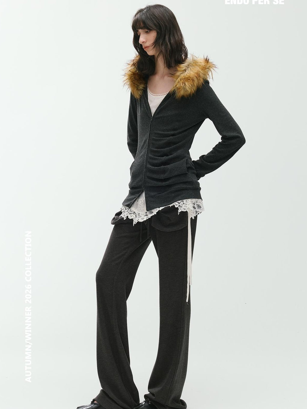 ENDO PER SE Curved Double Zip Detachable Fur Collar Women's Wool Hoodies