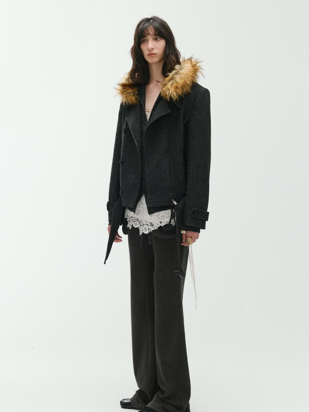 ENDO PER SE Curved Double Zip Detachable Fur Collar Women's Wool Hoodies